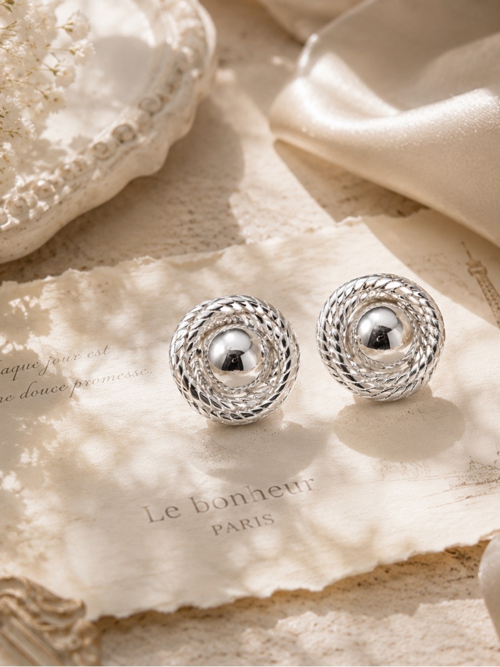 Elegant Silver-Tone Twisted Hoop Button Earrings - Silver